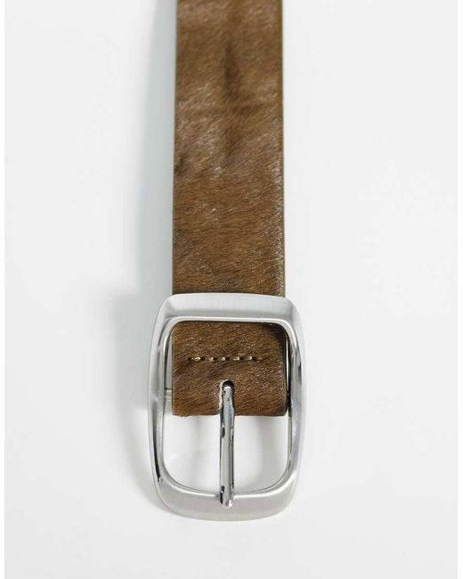 ASOS Brown Cowhide Hair Belt With Rounded Brushed Silver Buckle for men