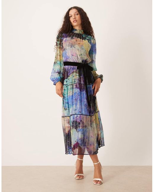 Hope & Ivy Blue High Neck Maxi Dress With Tie Waist