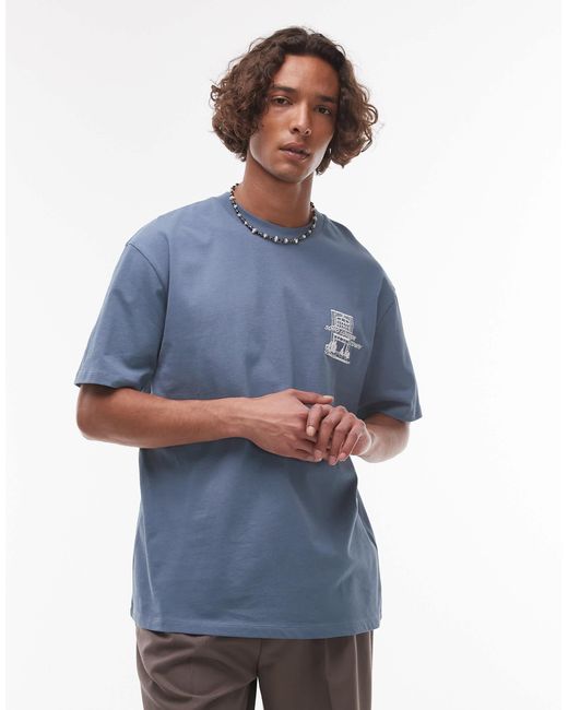 Topman Blue Oversized Fit T-Shirt With Front And Back Soho Print for men