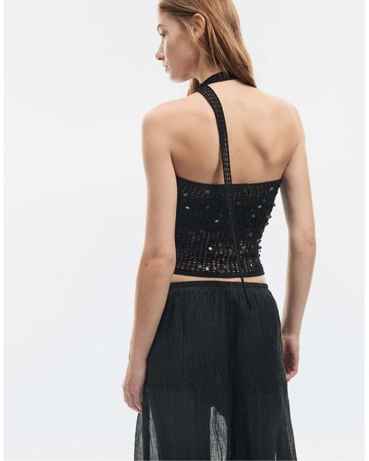 Stradivarius Black Sequin Scarf Top
