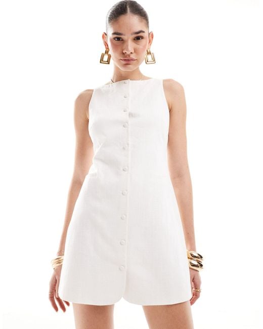 4th & Reckless White Linen Look Sleeveless High Neck Button Through Mini Dress