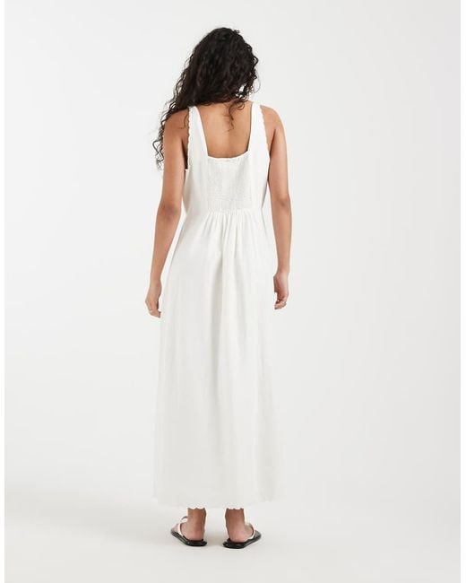 Vero Moda White Linen Look Scallop Edge Square Neck Cami Midi Dress