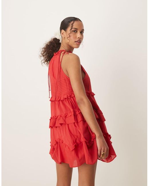 ASOS Red Halter Ruffle Mini Dress With Pintucks
