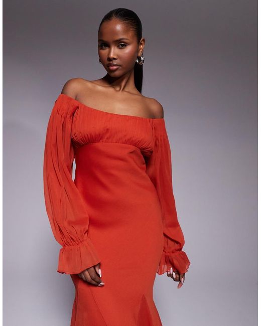 ASOS Red Off The Shoulder Ruffle Maxi Dress With Tie Godets And Blouson Sleeves