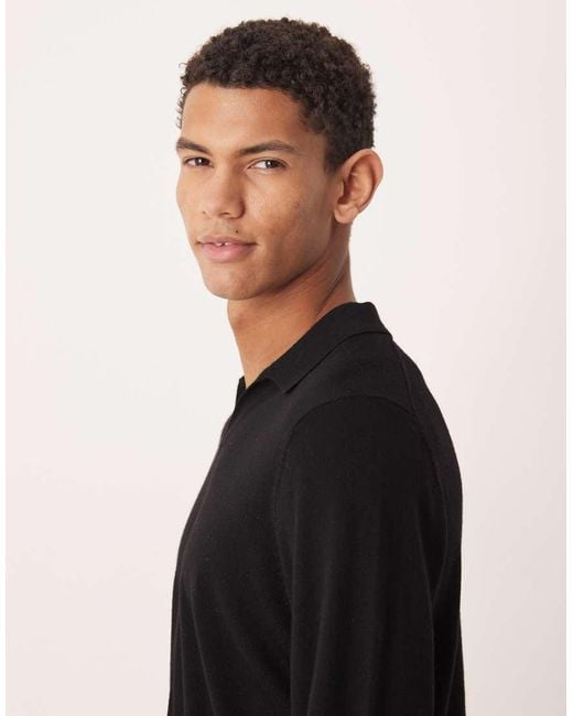 ASOS Black Knitted Long Sleeve Pure Merino Wool Notch Neck Polo for men