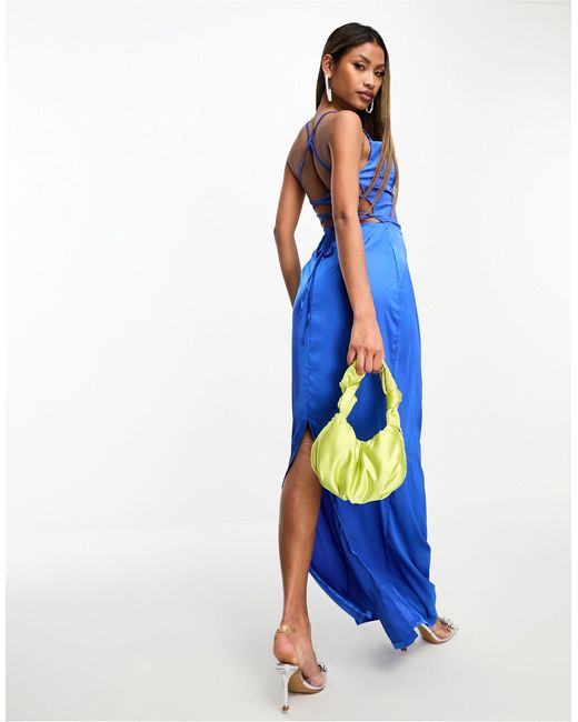 Naanaa Blue Satin Cowl Neck Maxi Dress With Tie Back Detail