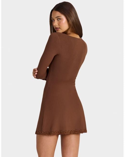 Oh Polly Brown Modal Sweetheart Lace Trim A Line Mini Dress