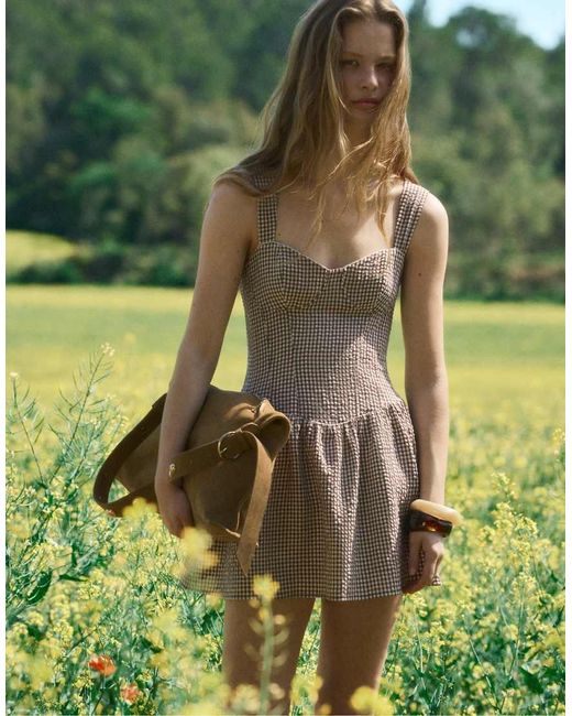 Stradivarius Green Short Checked Bodice Dress