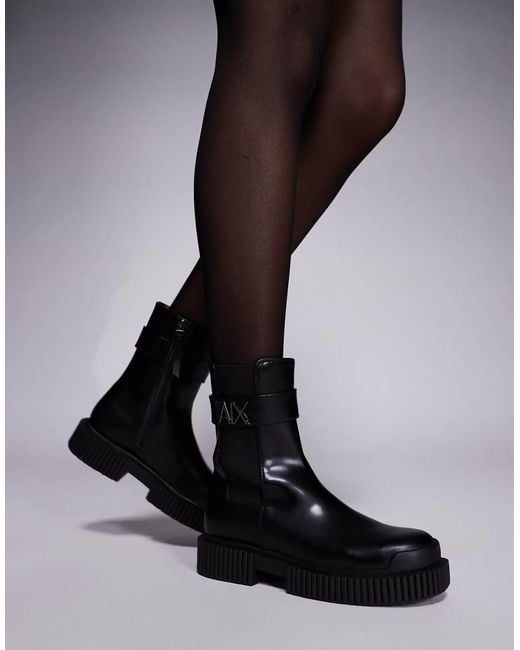ARMANI EXCHANGE Black Buckle Logo Ankle Boots