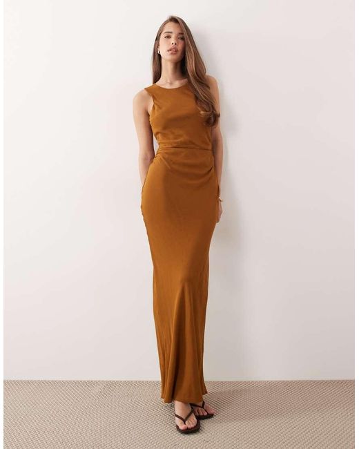 ASOS Natural Draped Open Back Trim Detail Linen Look Maxi Dress