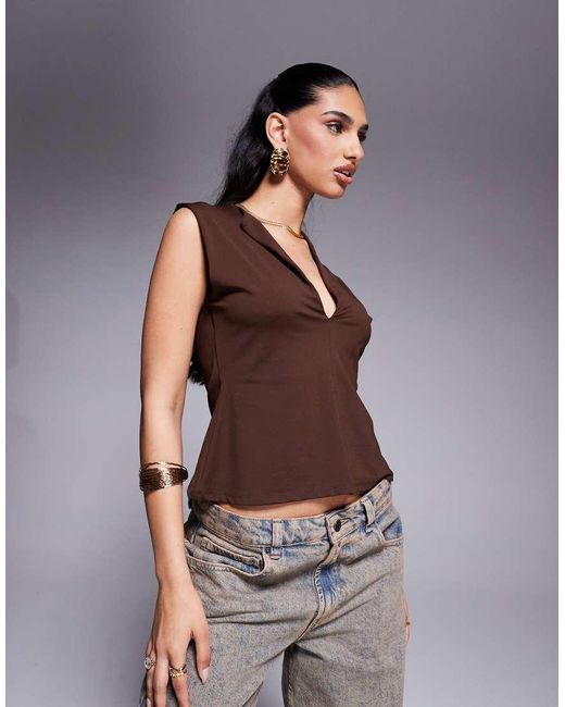 ASOS Brown Polyamide Plunge Top With Cinched Waist