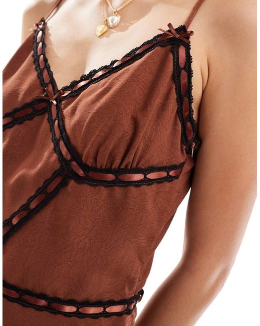 Bailey Rose 90s Satin Cami Mini Dress With Contrast Lace-brown in Red |  Lyst UK