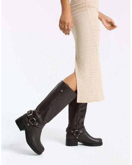 Bershka Black Biker Boots With Buckle