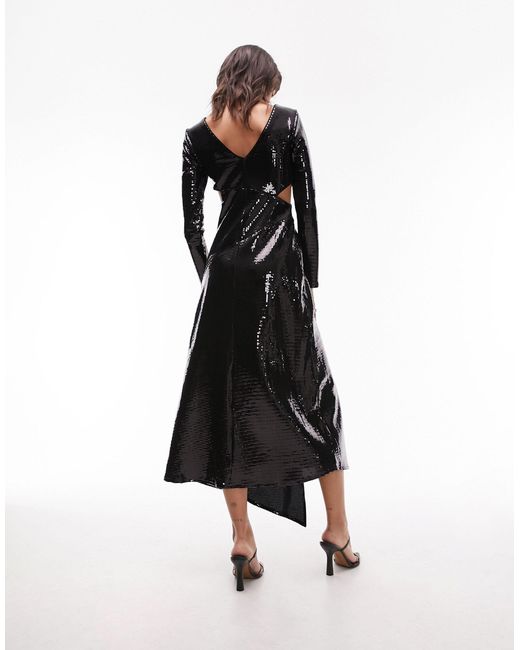 Robe mi-longue à découpe latérale et à sequins style disco TOPSHOP en coloris Black