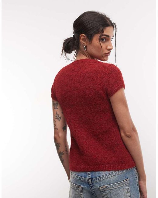Monki Red Short Sleeve Knit Cardigan Top