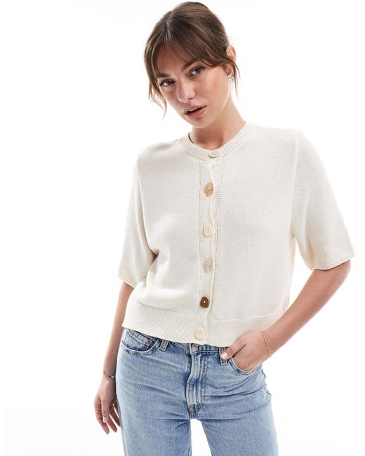 ASOS White Knitted Half Sleeve Cardigan With Irregular Pearl Buttons