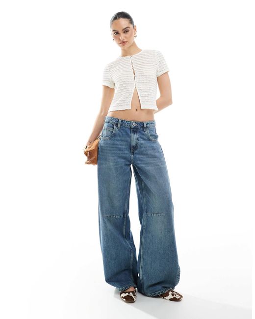 New Look Blue Lace Button Front Crop Top