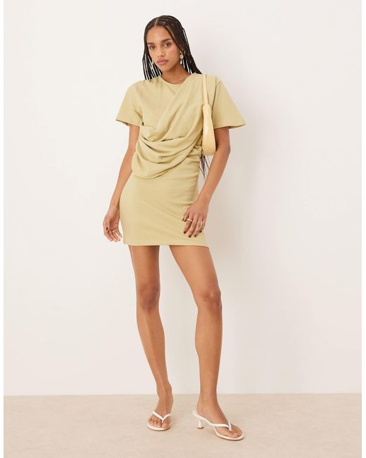 ASOS Natural Textured Short Sleeve Drape Front Mini Dress