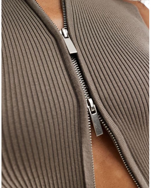 Bershka Gray High Neck Zip Front Fine Knit Top