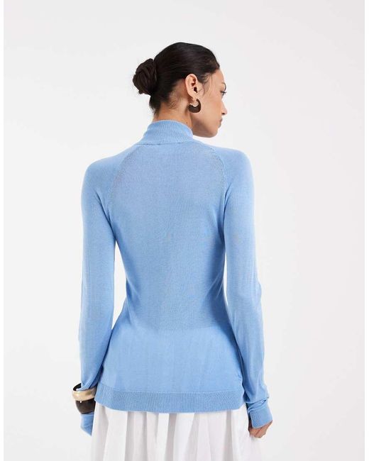 ASOS Blue Fine Knit Sheer Funnel Neck Cardigan