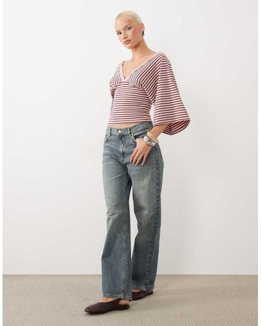 Gina Tricot Pink Deep V Neck Wide Sleeve Top