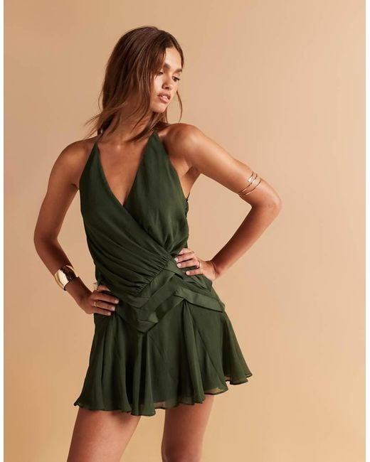 ASOS Green Halter Neck Satin Trim Mini Dress