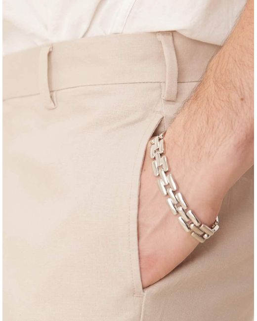 ASOS Natural Smart Straight Leg Linen Blend Trousers for men