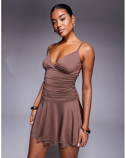 Princess Polly Brown Cami Ruched Waist Ruffle Skirt Mini Dress