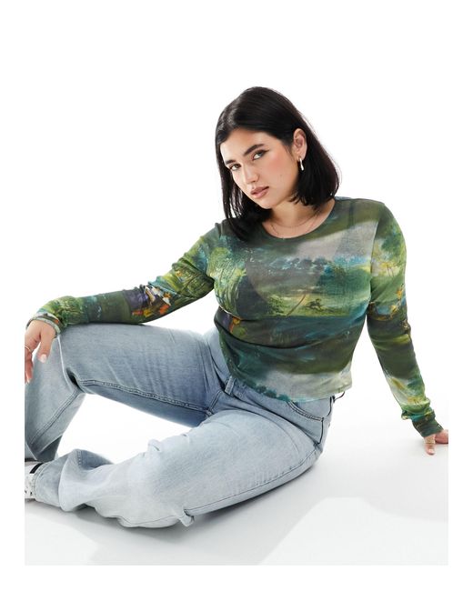 ASOS Green Asos Design Curve Long Sleeve Mesh Baby Tee With Art Scene Graphic