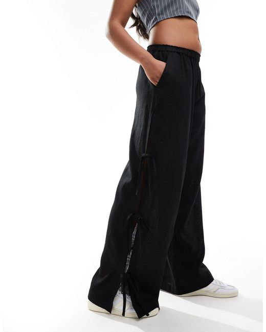 ASOS Black Pull On Linen Mix Pants With Tie Side