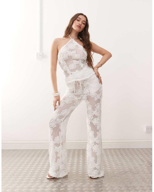 Amy Lynn Natural Cici Wide Leg Flare Crochet Trousers Co-ord