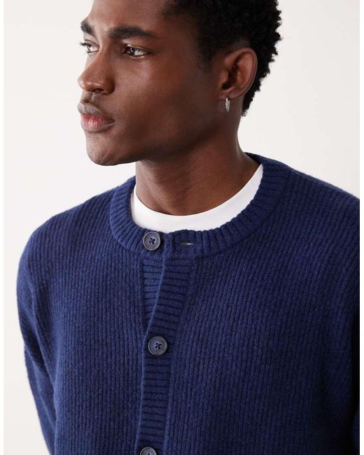 ASOS Blue Oversized Knit Fisherman Rib Wool Blend Crew Neck Cardigan for men