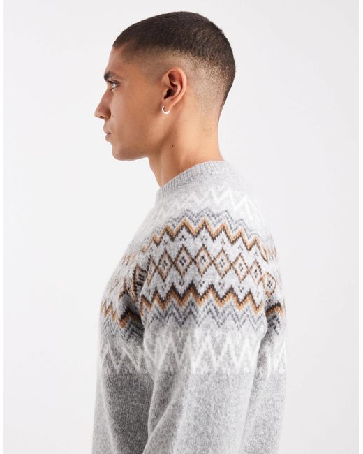 Threadbare Gray Fairisle Print Crew Neck Jumper for men