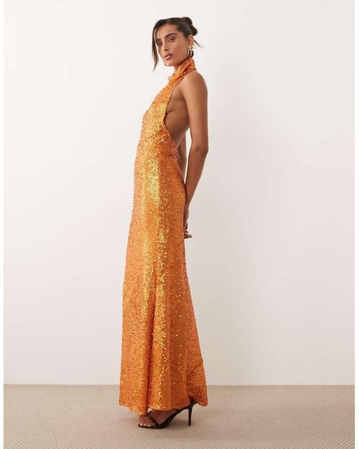 ASOS Brown Embellished Sheer Sequin Halter Maxi Dress