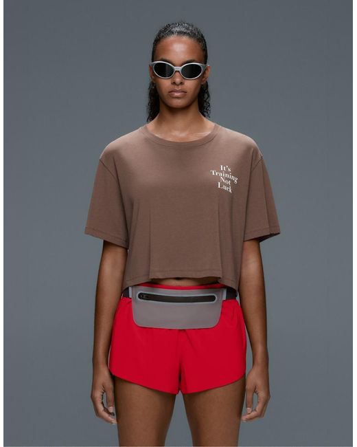 Oysho Brown Boxy Cropped Cotton Blend Slogan T-shirt