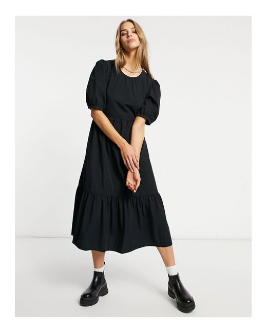 Warehouse Gelaagde Midi-jurk Van Katoen in het Black