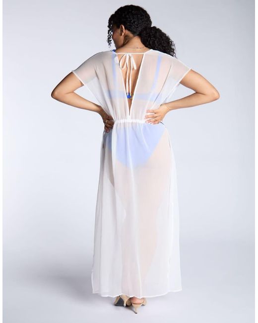 Boux Avenue White Chiffon Plunging Neckline Semi Sheer Maxi Kaftan Dress