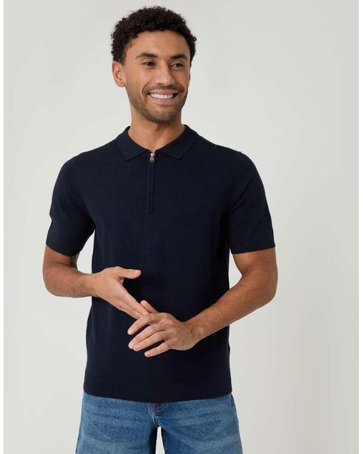 Threadbare Blue Quarter Zip Knitted Polo for men