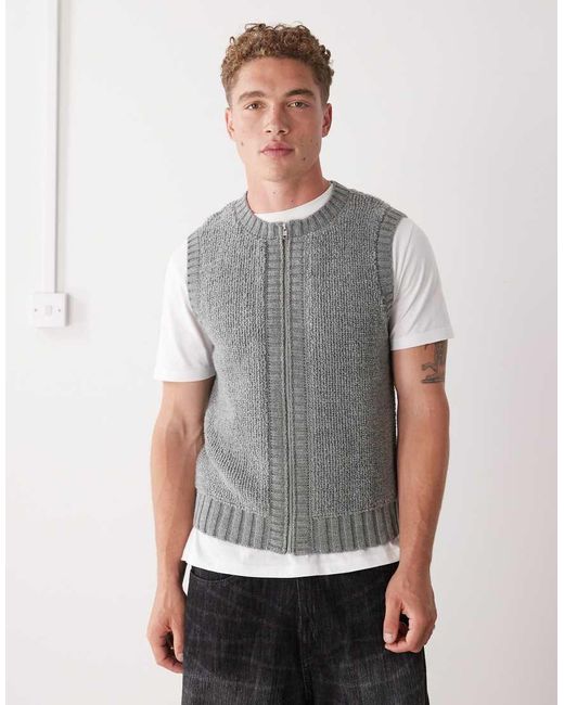 Reclaimed Vintage Gray Loop Stitch Knitted Zip Through Tank for men