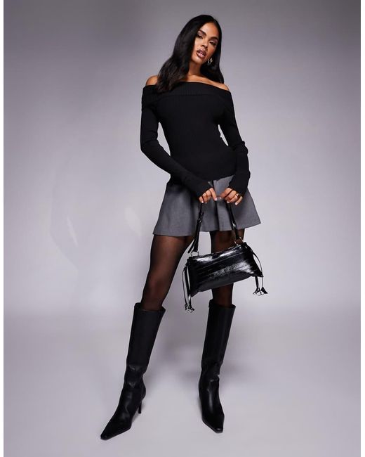 Princess Polly Black Morley Ribbed Knit Bardot Thumb Hole Top