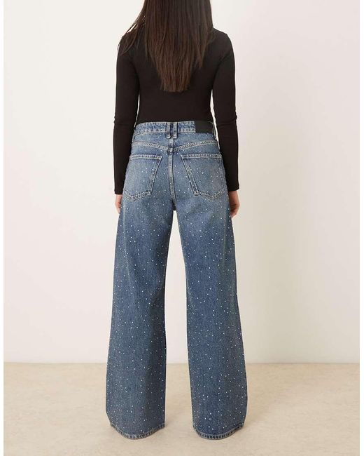 Mango Blue Caribe 100% Cotton Embellished Wide Leg Jean