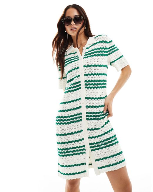 Miss Selfridge Green Crochet Contrast Polo Button Through Knit Dress