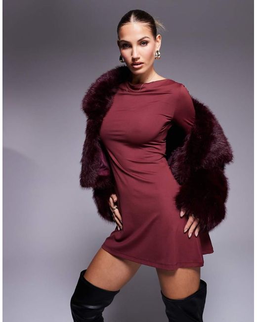 ASOS Red Slash Neck Cowl Mini Dress With Flute Sleeve