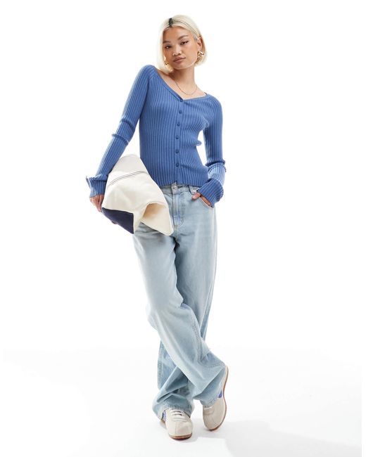 ASOS Blue Knit V Neck Button Up Top