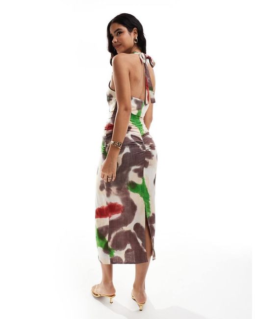 ASOS Green Racer Neck Printed Midi Dress With Rope Drawstring Ties