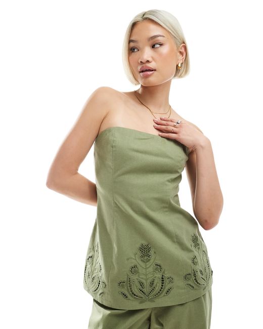 Bandeau long d'ensemble avec fleurs ajourées en lin mélangé - olive 4th & Reckless en coloris Green