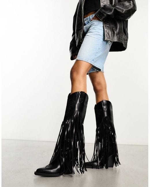 Daisy Street Black Buttery Applique Fringed Knee High Western Boots