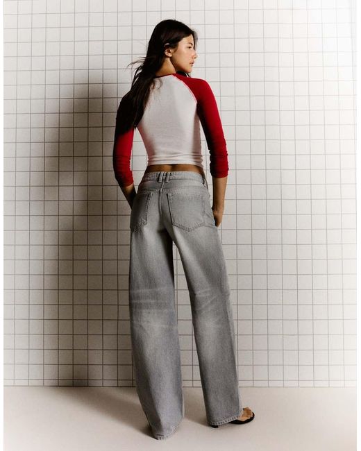 Bershka Gray High-Waist Wide Straight-Leg Jeans