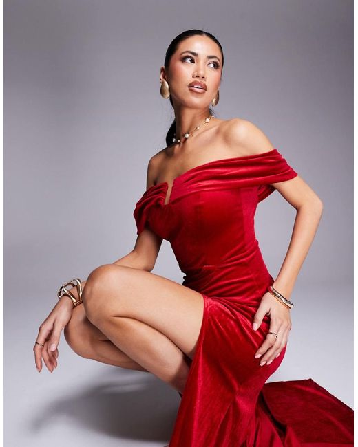 Goddiva Red Off The Shoulder Front Split Velvet Maxi Dress
