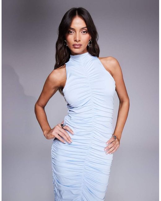 Aria Cove Blue Double Layered Slinky Ruched High Neck Bodycon Maxi Dress